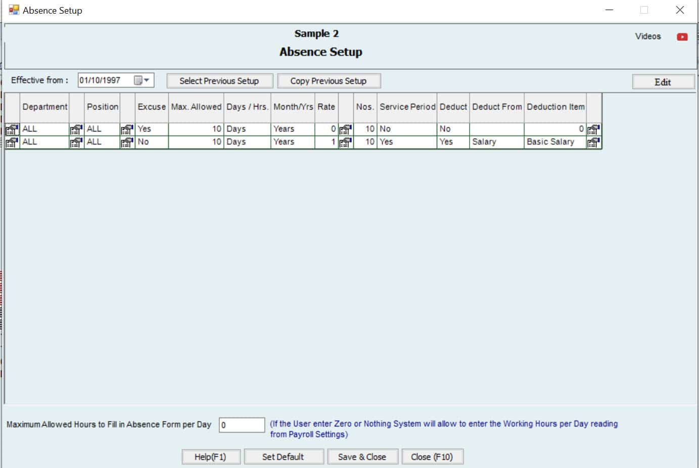 Absence Setup screen - 2