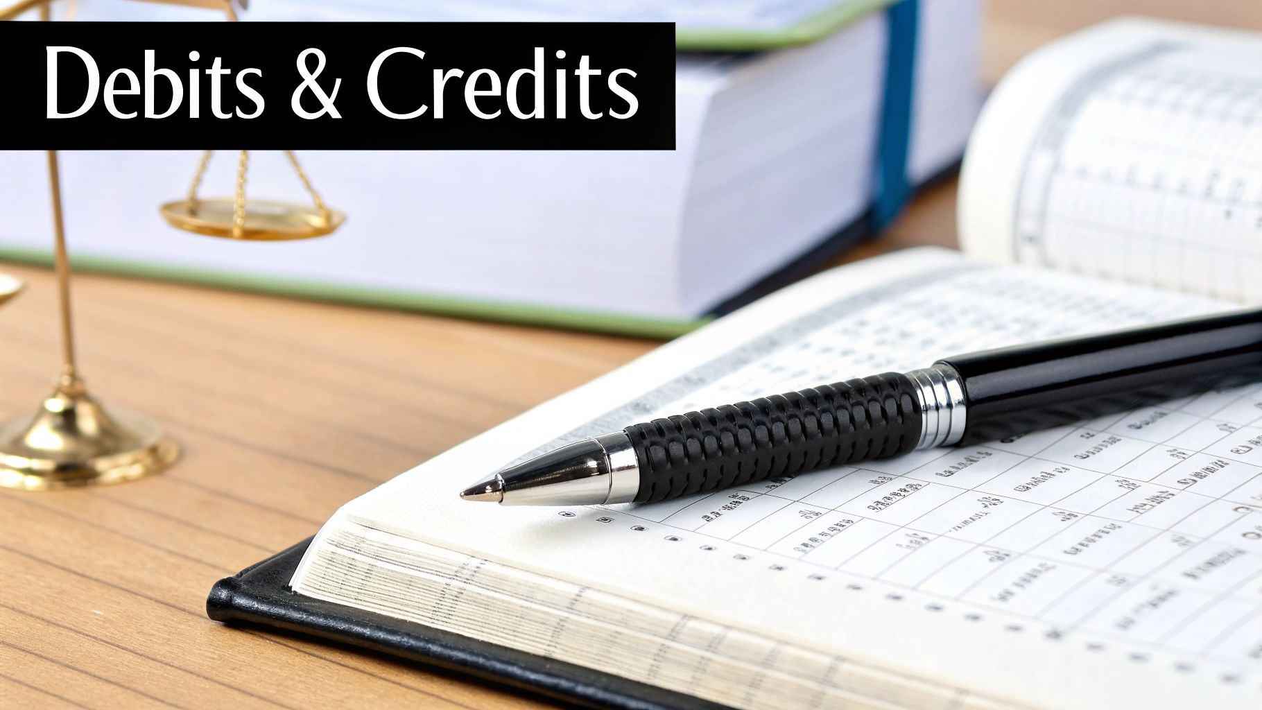 Mastering the Account Payable Journal Entry in 2026 2 A pen rests on an open accounting ledger with "Debits & Credits" text, beside a balance scale.