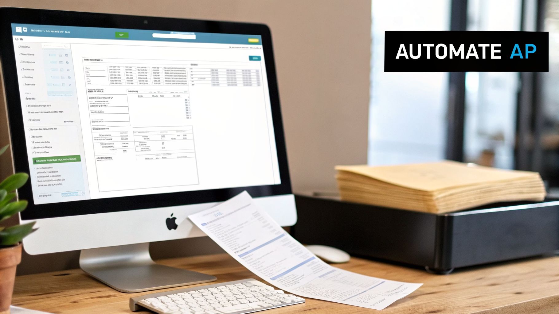 Mastering the Account Payable Journal Entry in 2026 3 A desktop computer screen displays accounts payable automation software, with physical invoices on a wooden desk.