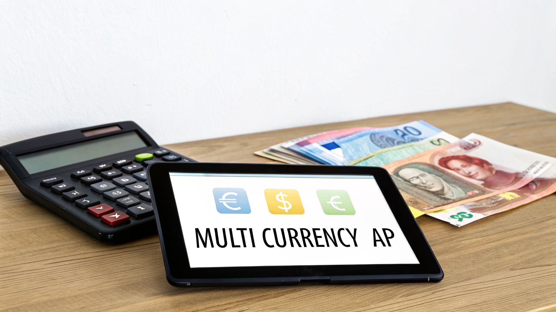 Mastering the Account Payable Journal Entry in 2026 4 A calculator, tablet displaying 'MULTI CURRENCY AP' with Euro and Dollar symbols, and banknotes on a wooden table.