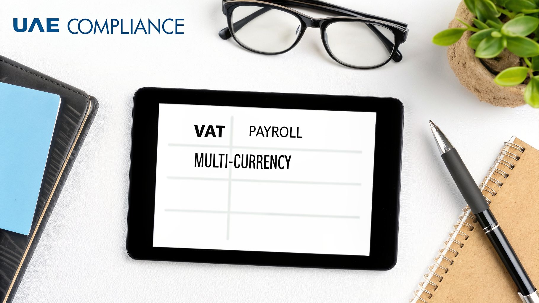 Your 2026 Guide to Choosing the Right Accounting Software UAE 2 Desk flat lay: tablet with VAT, Payroll, Multi-Currency; glasses, pen, plant, and UAE Compliance logo.