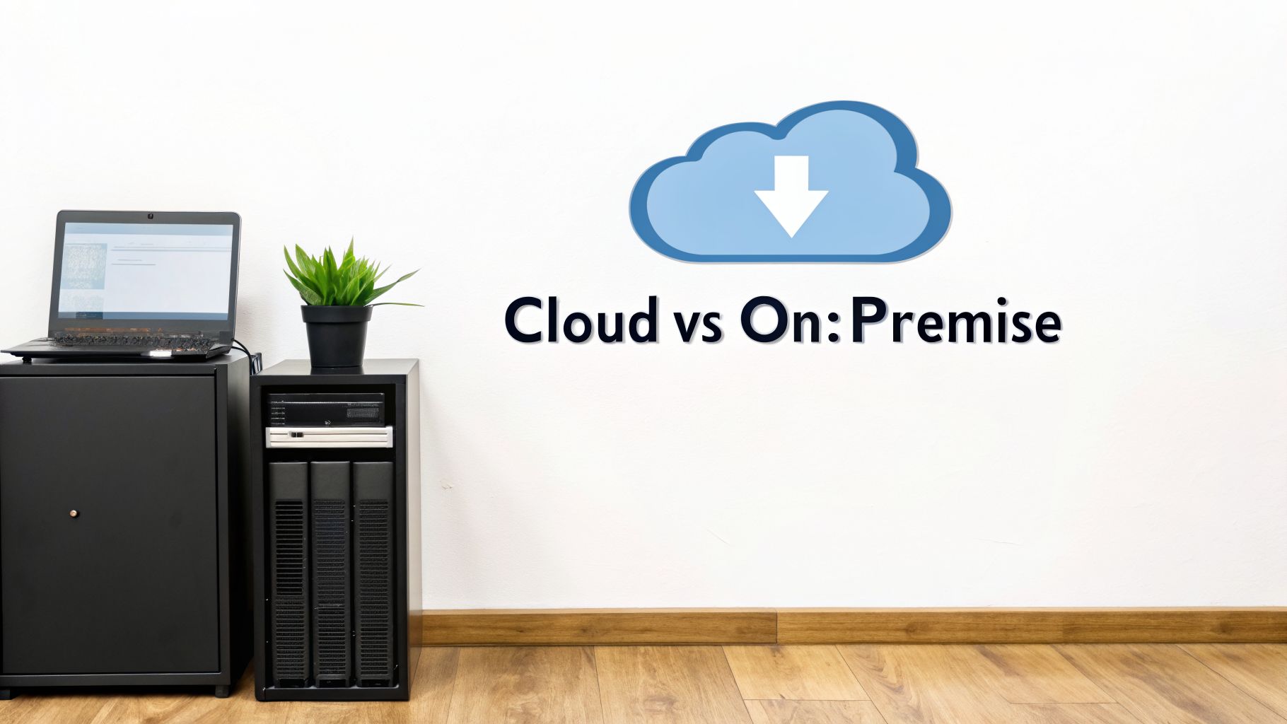 Your 2026 Guide to Choosing the Right Accounting Software UAE 3 A visual comparison of cloud computing (cloud icon) and on-premise servers with a laptop, illustrating IT infrastructure options.