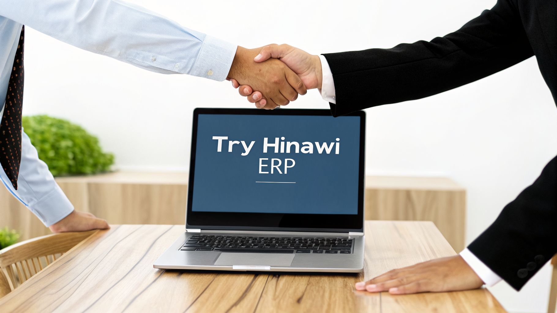 Your 2026 Guide to Choosing the Right Accounting Software UAE 4 Two business people shaking hands over a laptop displaying 'Try Hinawi ERP' on screen.