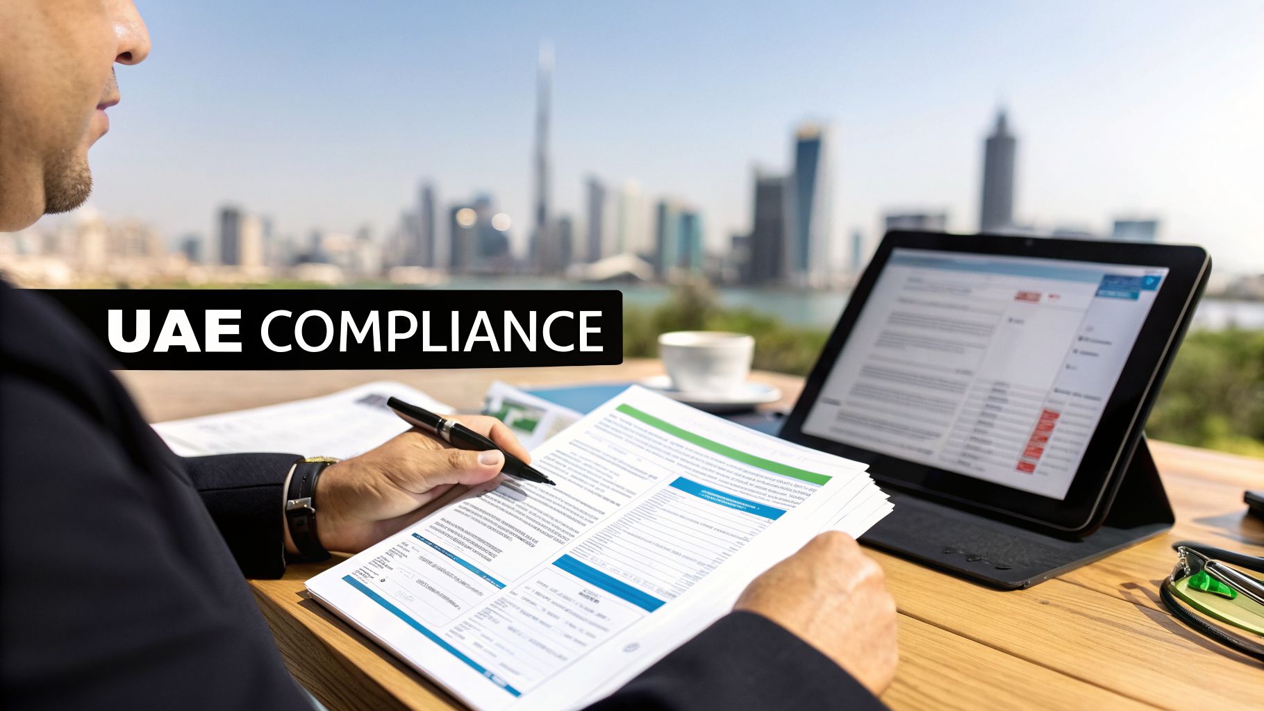 A Guide to Business Accounting Programs for GCC Firms 3 Businessman reviewing compliance documents and a tablet outdoors with the Dubai skyline in the background.