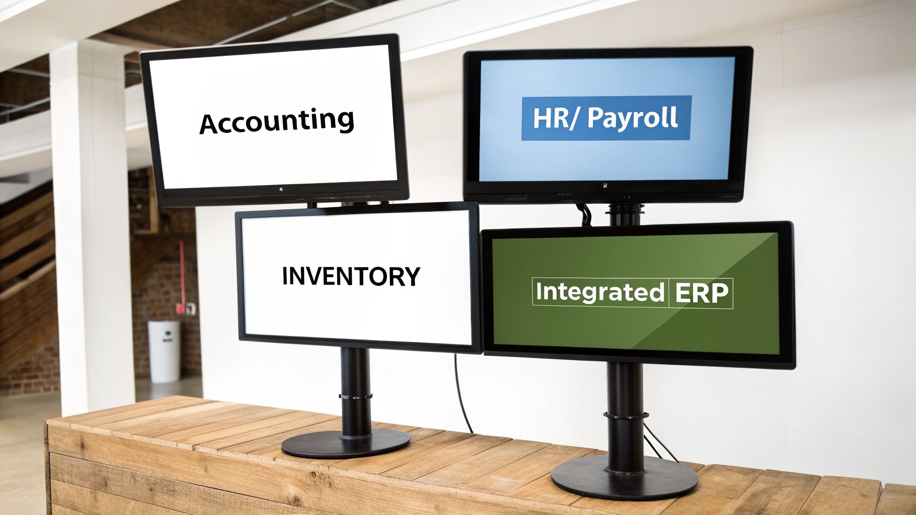 A Guide to Business Accounting Programs for GCC Firms 4 Four computer monitors on a wooden table displaying Accounting, HR/Payroll, Inventory, and Integrated ERP software.