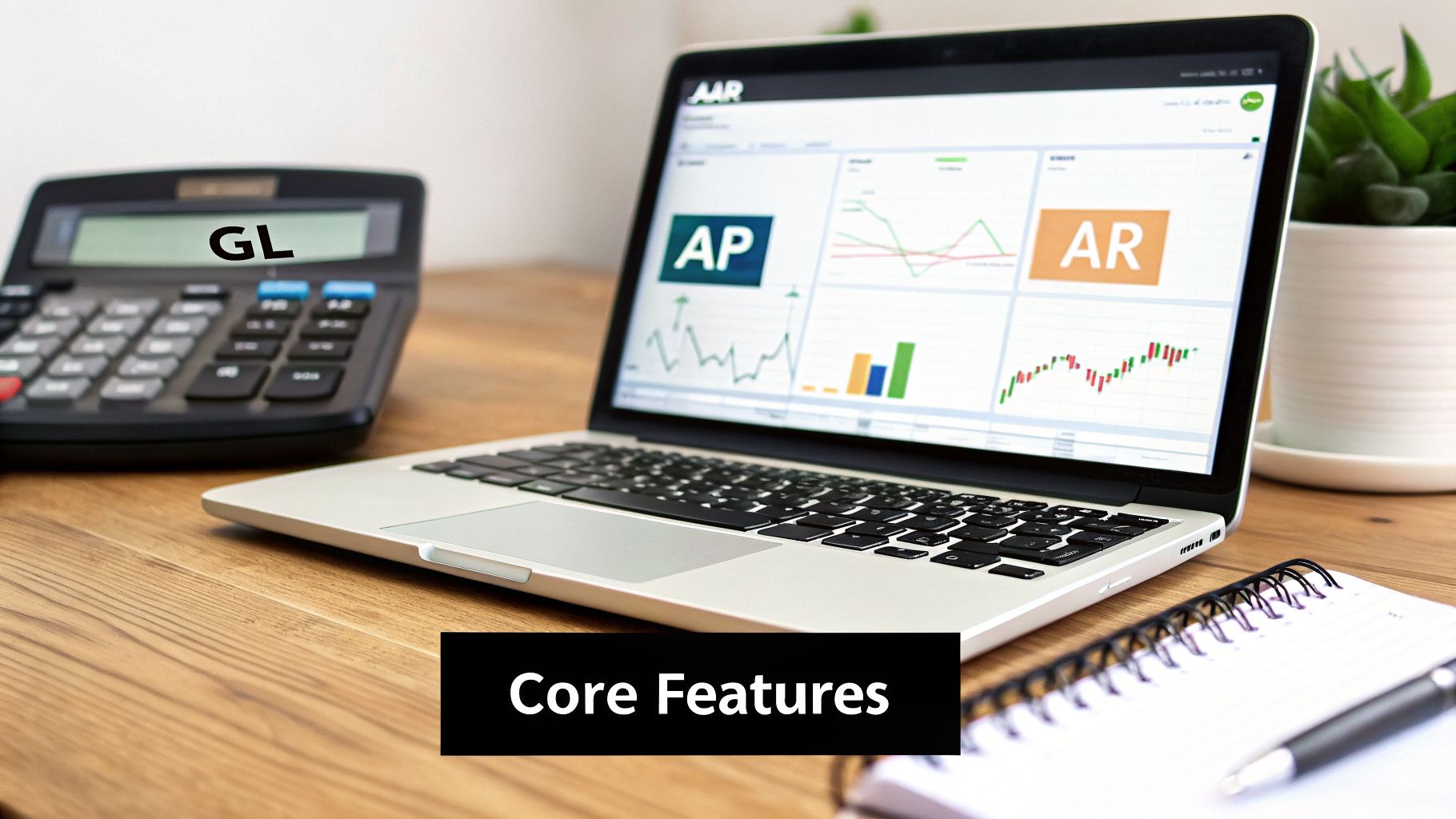 A Guide to Business Accounting Programs for GCC Firms 2 A laptop displaying financial dashboards with 'AP' and 'AR', a calculator with 'GL', and a notebook. Core accounting features.