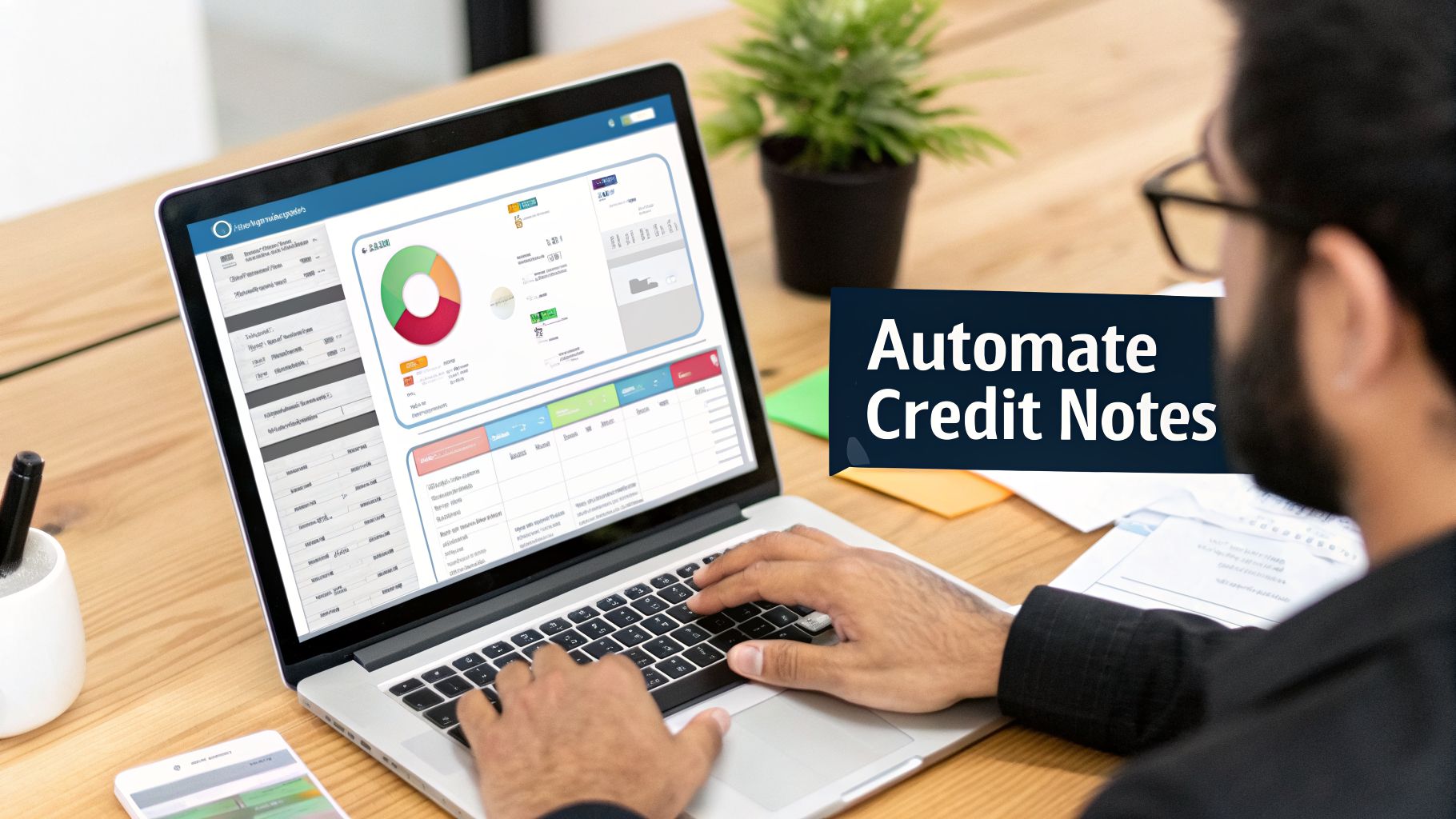 Master the 2026 UAE Credit Note Form Guide for VAT Compliance 4 Person typing on a laptop displaying a business dashboard with "Automate Credit Notes" text.