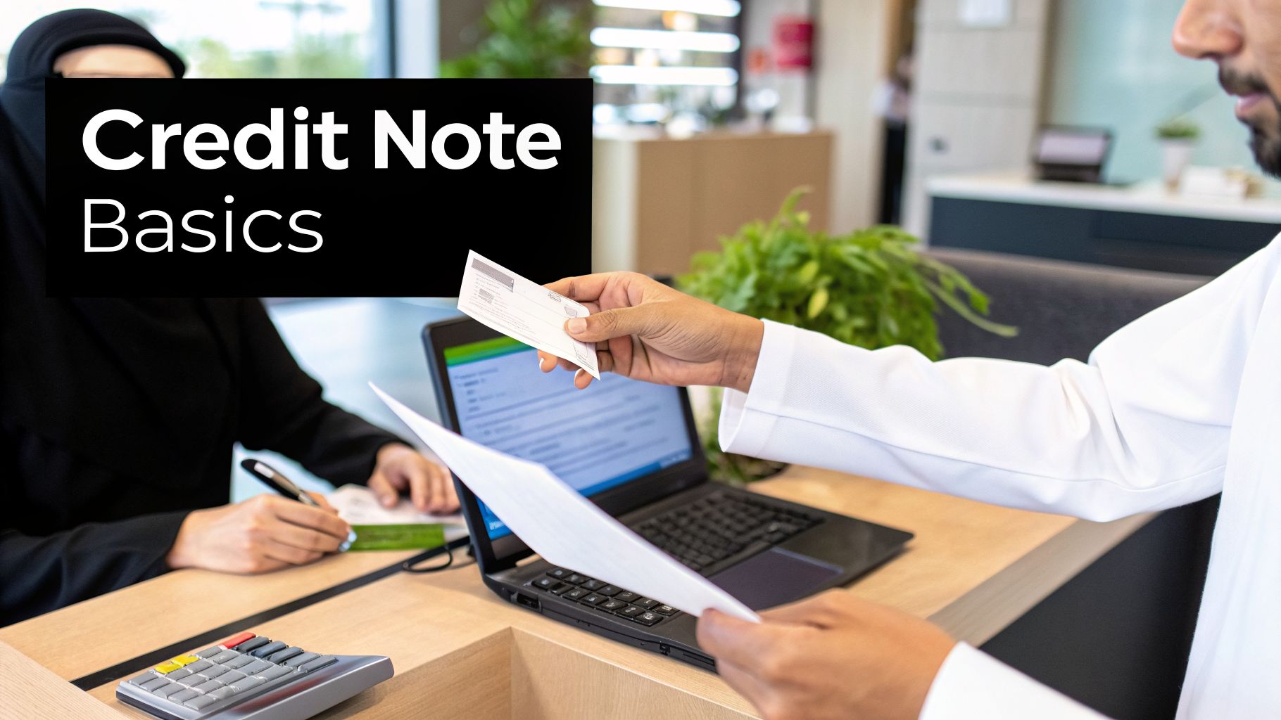 Master the 2026 UAE Credit Note Form Guide for VAT Compliance 1 Two people in a modern office exchanging documents, with a laptop, calculator, and 'Credit Note Basics' text.