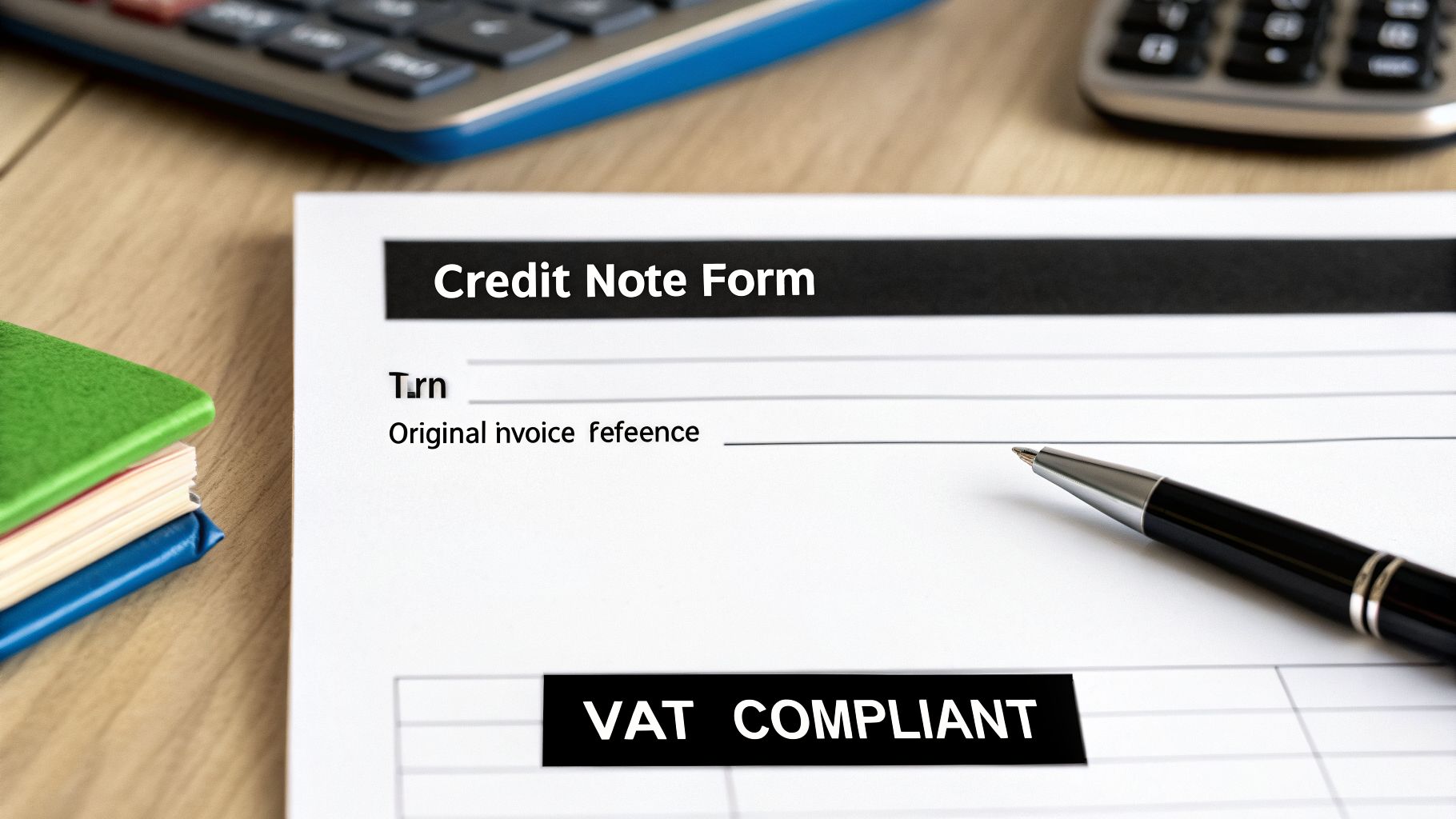 Master the 2026 UAE Credit Note Form Guide for VAT Compliance 2 A close-up of a 'Credit Note Form' and a pen on a wooden desk with calculators in the background.