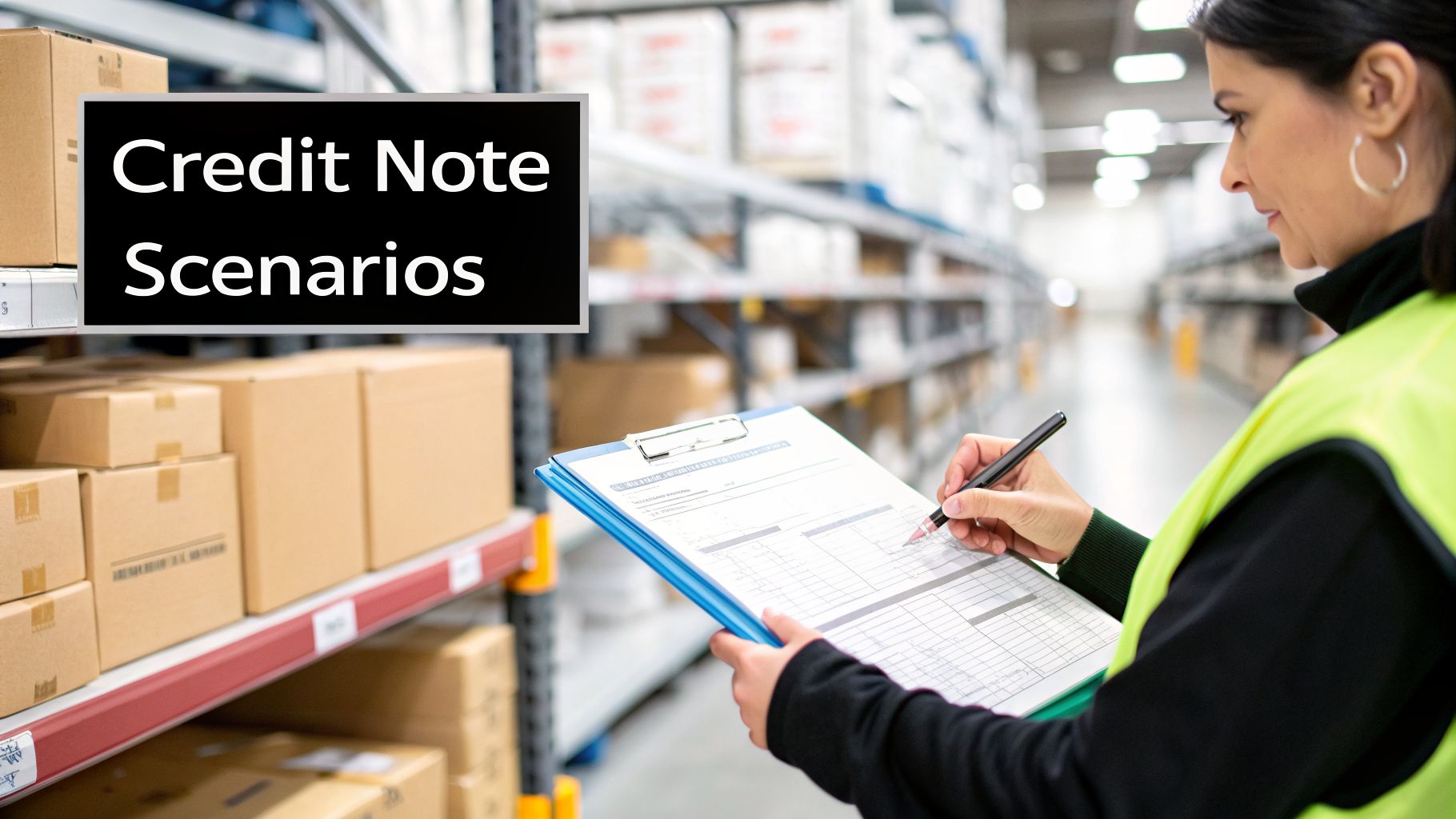 Master the 2026 UAE Credit Note Form Guide for VAT Compliance 3 A woman in a warehouse checking a document on a clipboard, with 'Credit Note Scenarios' text.