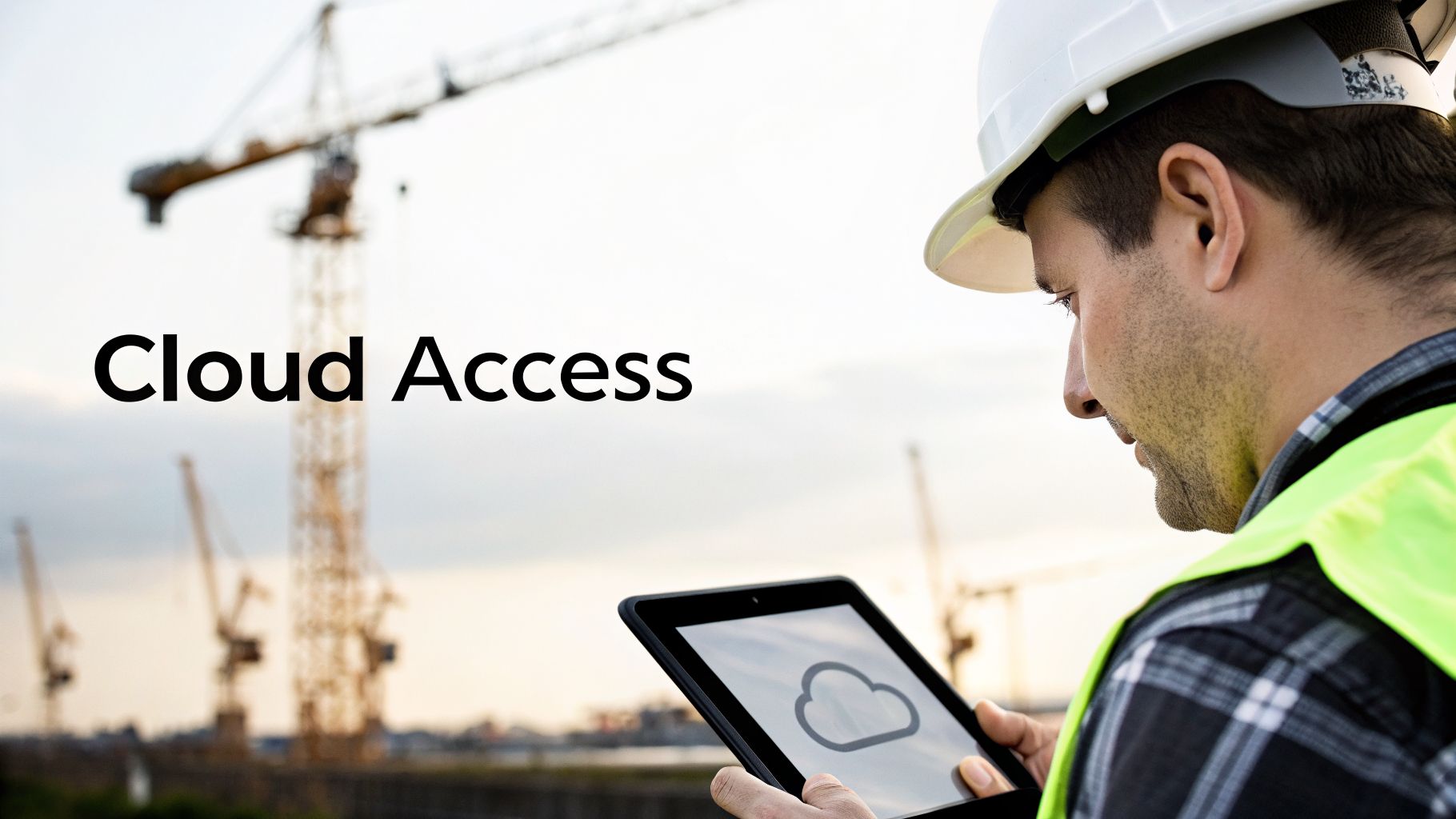 Unlocking Profitability With ERP Construction software for Contracting Companies 4 Construction worker in hard hat and safety vest using a tablet with cloud access at a job site.