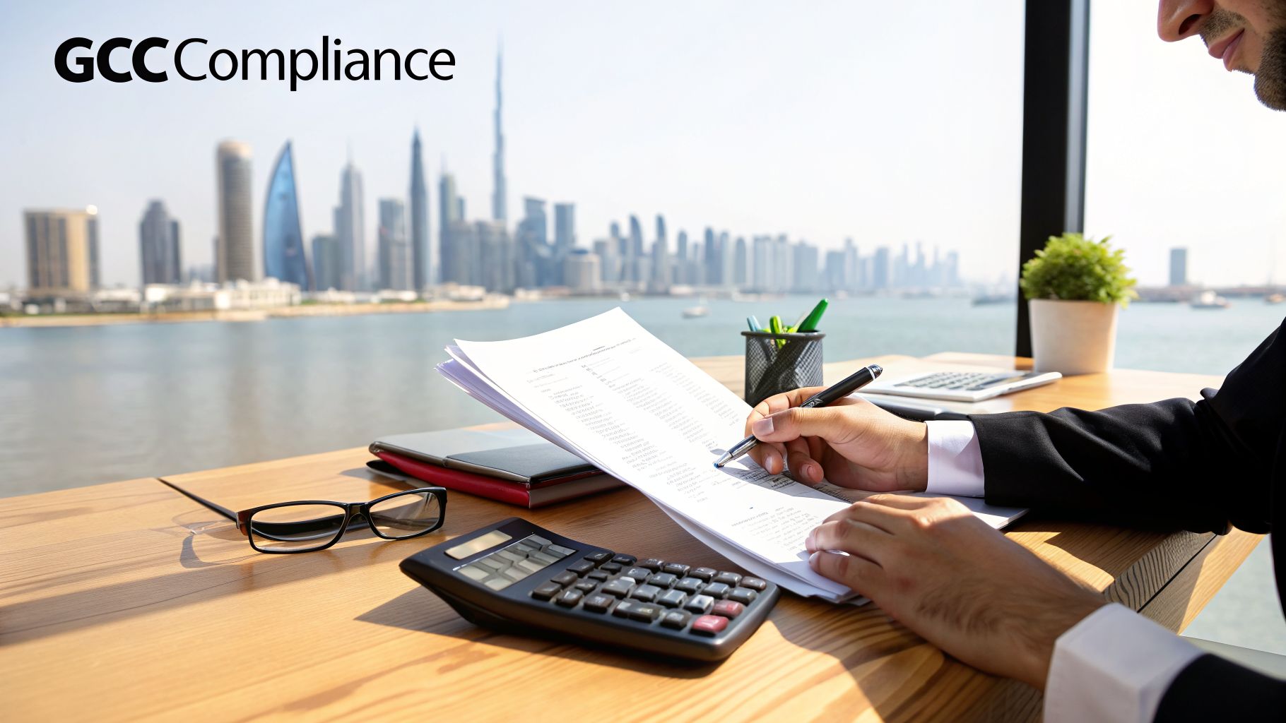 Unlocking Profitability With ERP Construction software for Contracting Companies 3 A business professional reviews financial documents with a calculator and city view.