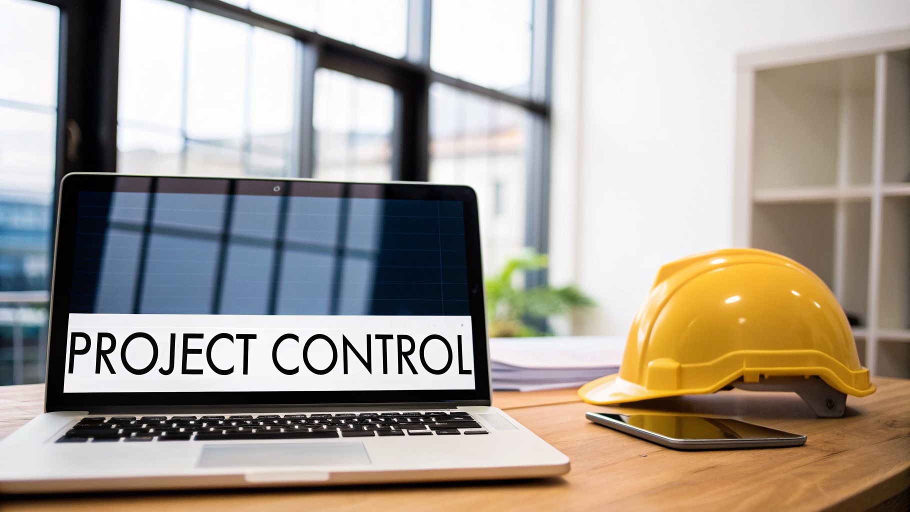 Unlocking Profitability With ERP Construction software for Contracting Companies 2 A laptop displaying 'PROJECT CONTROL' text, next to a yellow hard hat and a smartphone on a desk.
