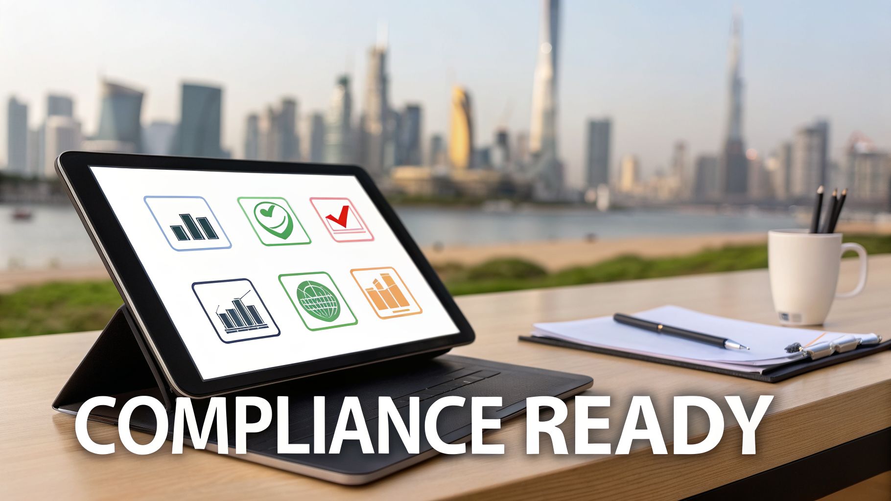 ERP Software UAE: A Guide to Business Automation and Growth 3 A tablet displaying business icons and 'COMPLIANCE READY' text, with the Dubai city skyline.