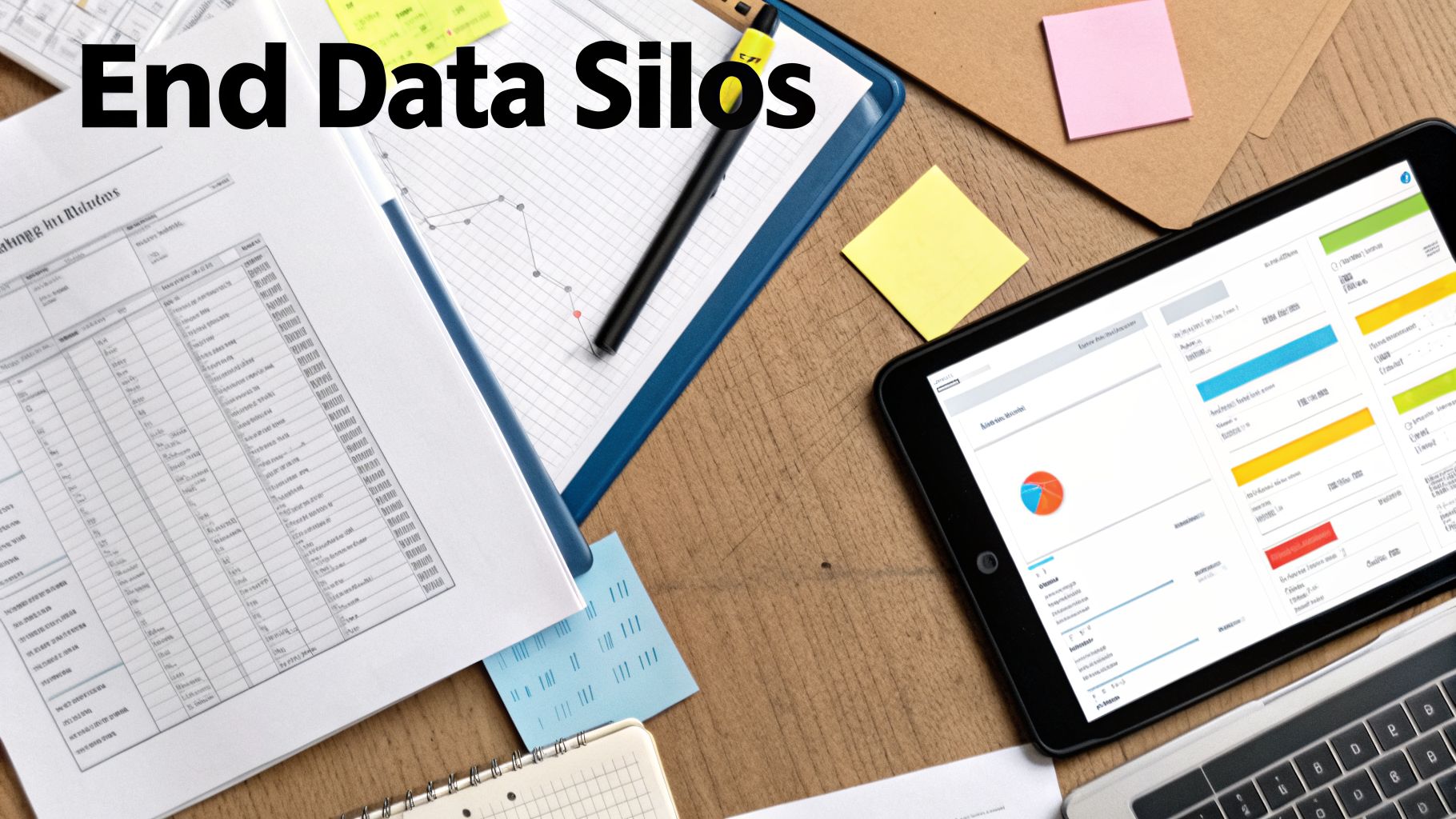 ERP Software UAE: A Guide to Business Automation and Growth 2 Overhead view of a business desk with documents, a tablet showing data, and laptop, featuring 'End Data Silos' message.