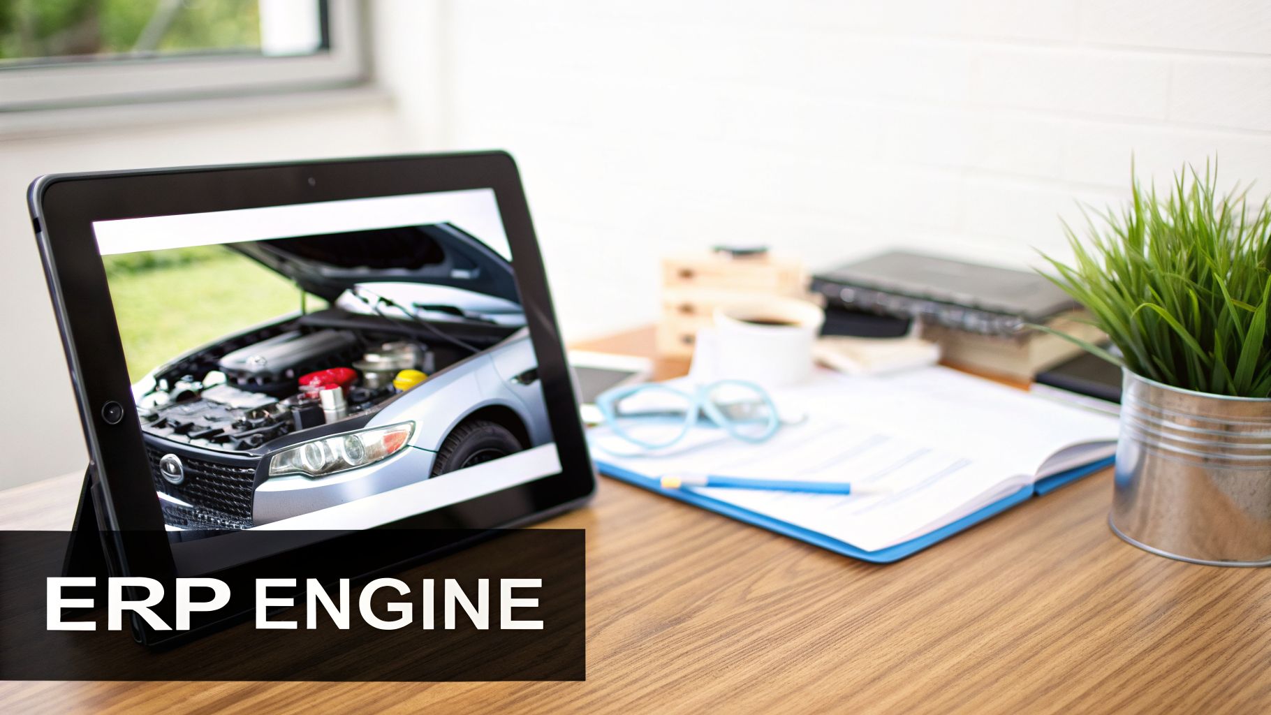 ERP Software UAE: A Guide to Business Automation and Growth 1 A tablet displays a car engine with 'ERP ENGINE' text, on a wooden desk with office items.