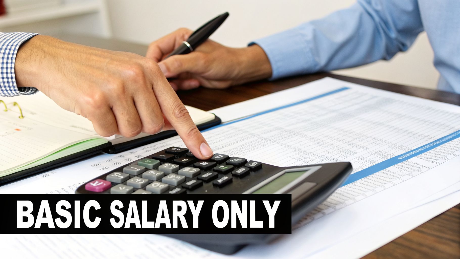 How to Calculate End of Service in UAE: A Guide for Businesses 2 Two people's hands calculating basic salary on a desk with a calculator and financial papers.