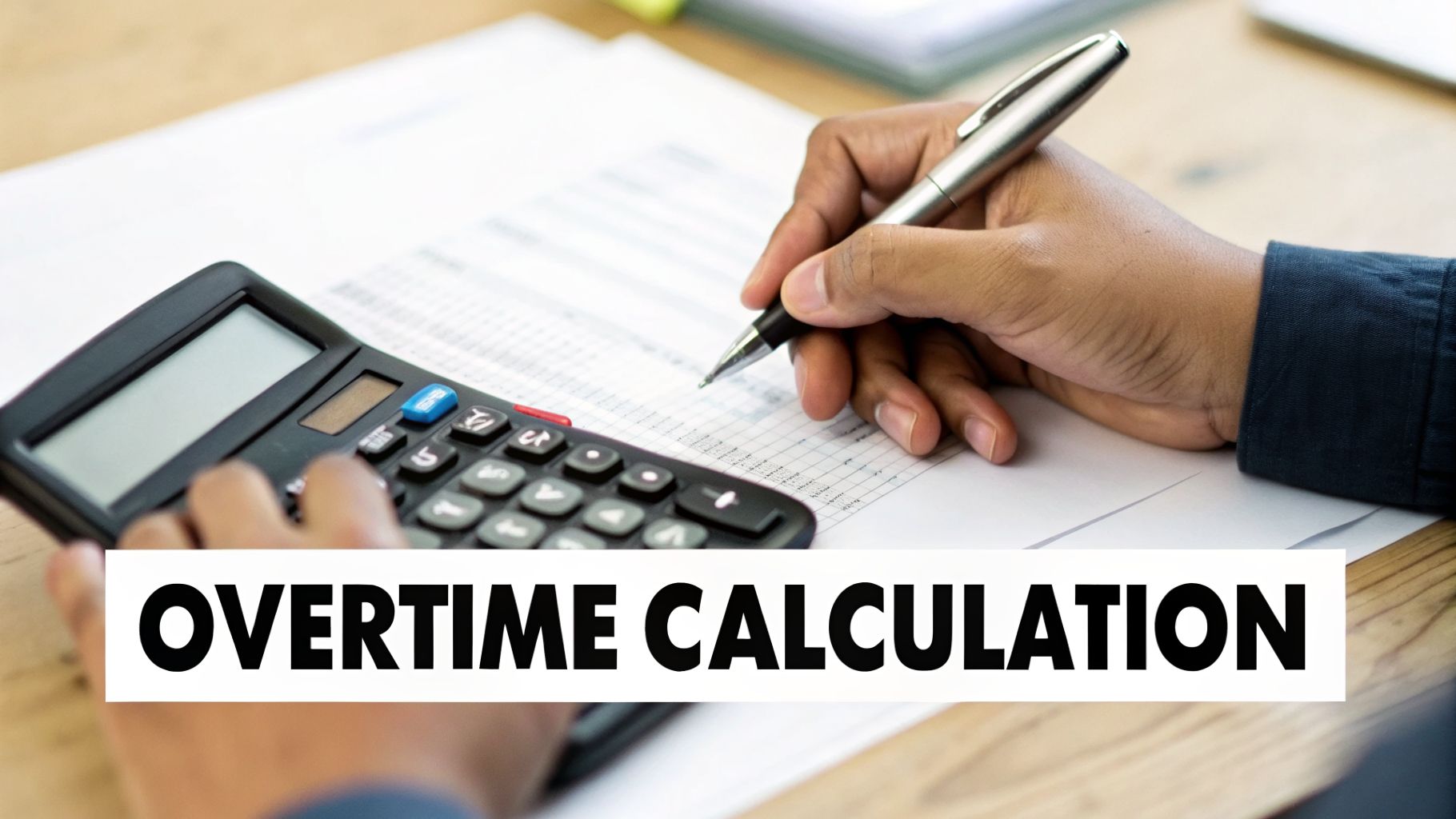 How to Calculate Overtime in UAE: A Guide for Business Owners 2 A person uses a calculator and pen on paper to perform overtime calculations.