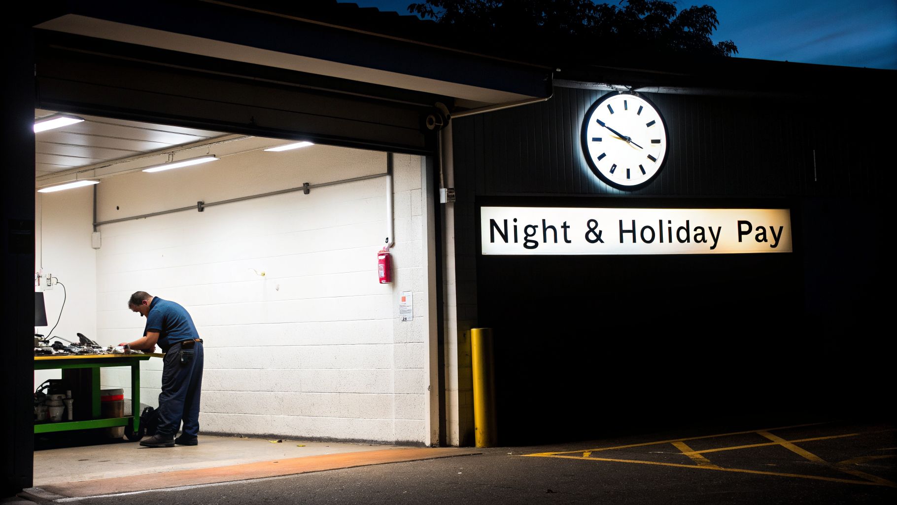How to Calculate Overtime in UAE: A Guide for Business Owners 3 A man works late at a workbench in a brightly lit garage, with a 'Night & Holiday Pay' sign outside.