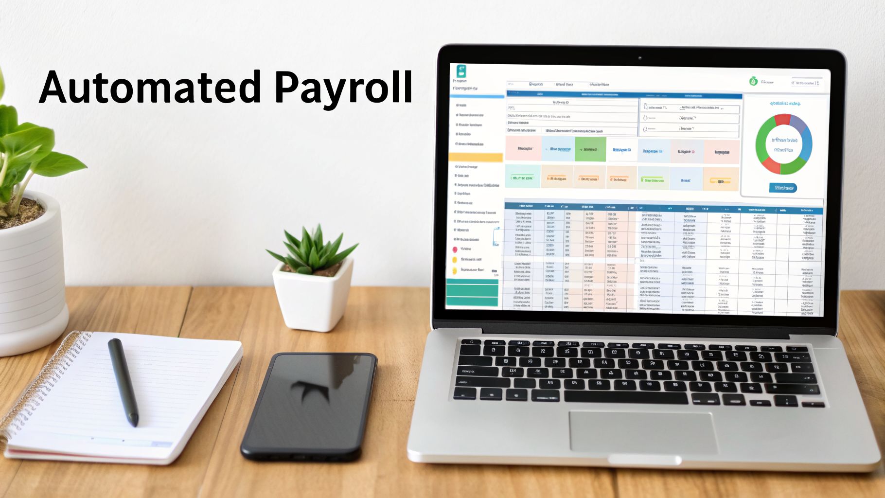 How to Calculate Overtime in UAE: A Guide for Business Owners 4 Automated Payroll software displayed on a laptop, with a smartphone, notepad, and plants on a desk.