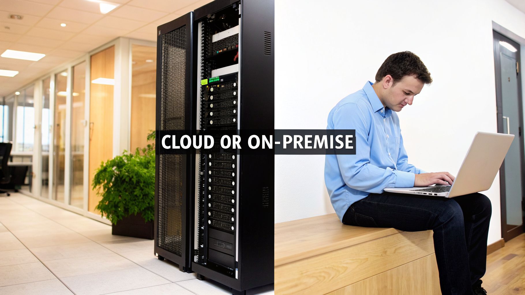 The Ultimate Guide to HR Software UAE for Modern Business 4 Man using a laptop in an office, contrasted with server racks, representing cloud versus on-premise IT.