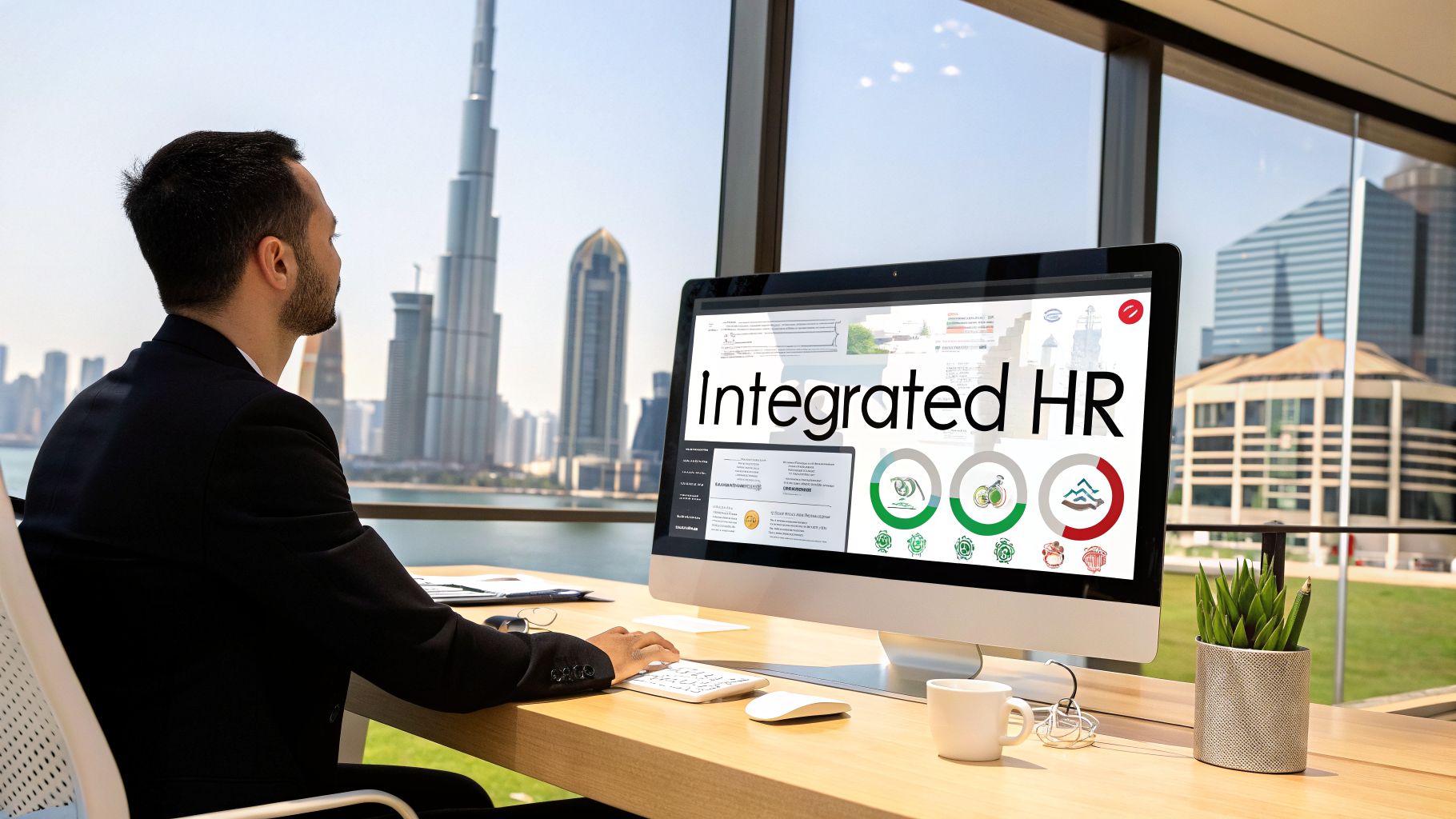 The Ultimate Guide to HR Software UAE for Modern Business 1 A man in a suit working on a computer with 'Integrated HR' software, overlooking Dubai's skyline.