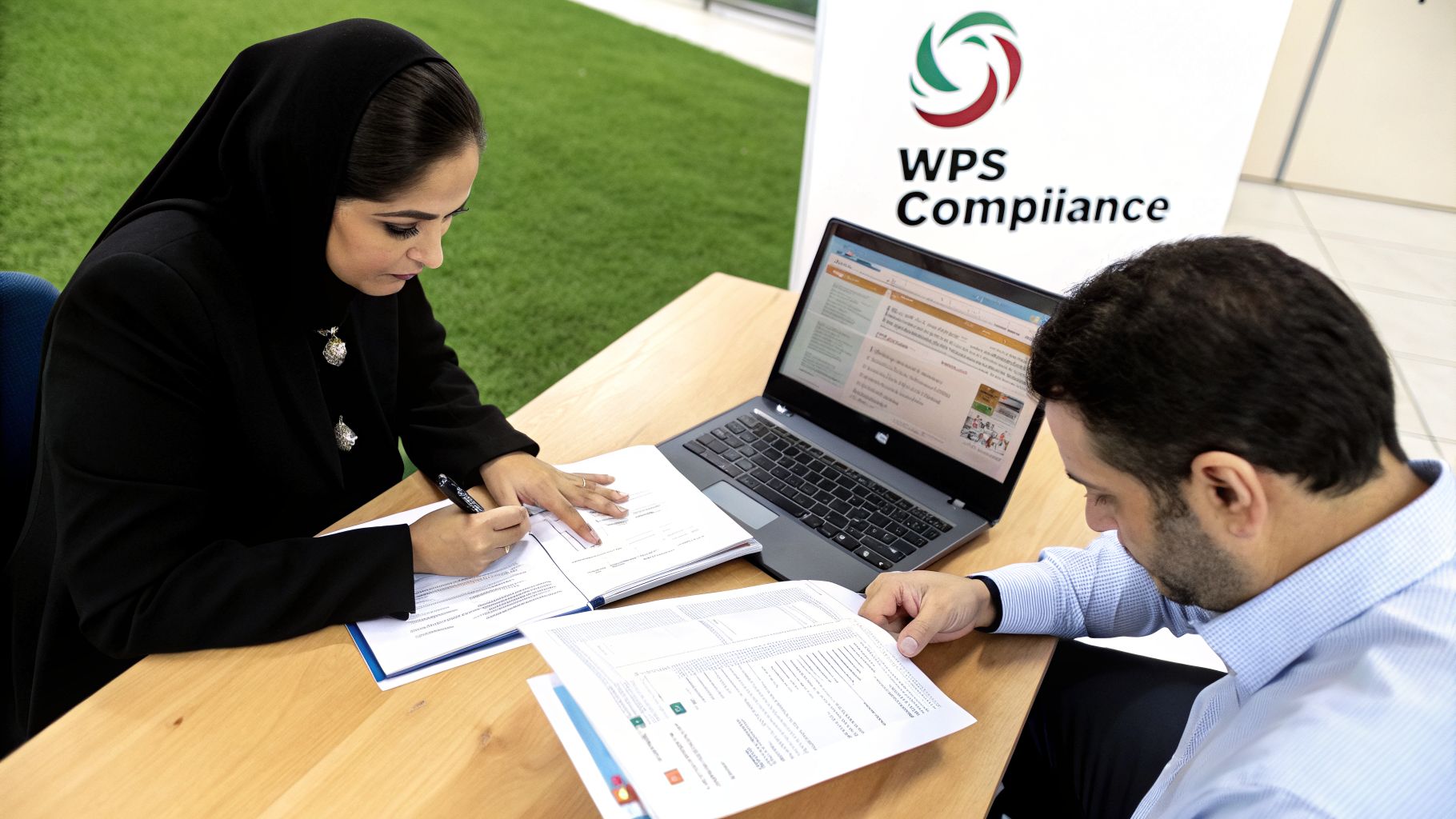The Ultimate Guide to HR Software UAE for Modern Business 3 Two professionals collaborate, reviewing documents and using a laptop, with a WPS Compliance sign visible.