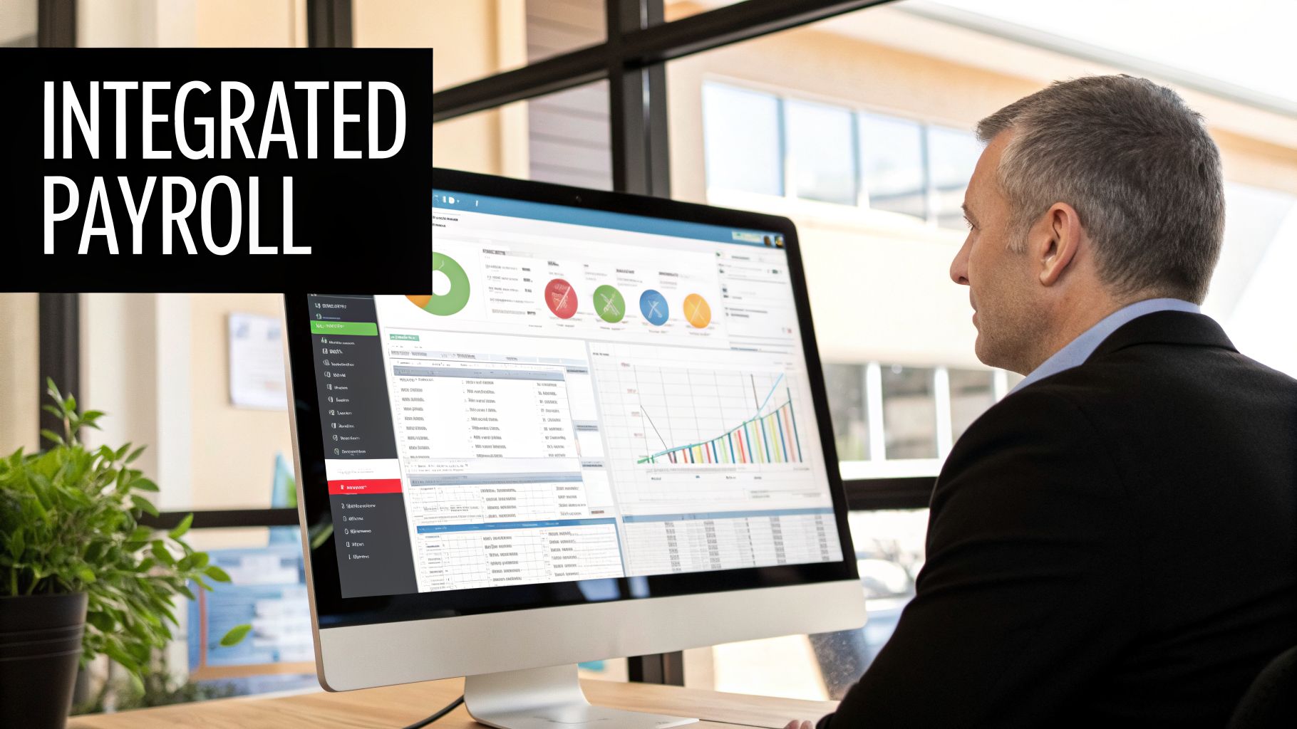 Mastering Human Resource Management Payroll in the UAE and GCC 4 Businessman reviewing an integrated payroll system dashboard on a computer screen.