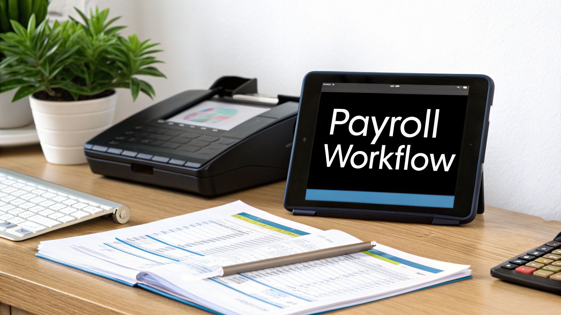 Mastering Human Resource Management Payroll in the UAE and GCC 3 An office desk with a tablet displaying 'Payroll Workflow', documents, and various office equipment.