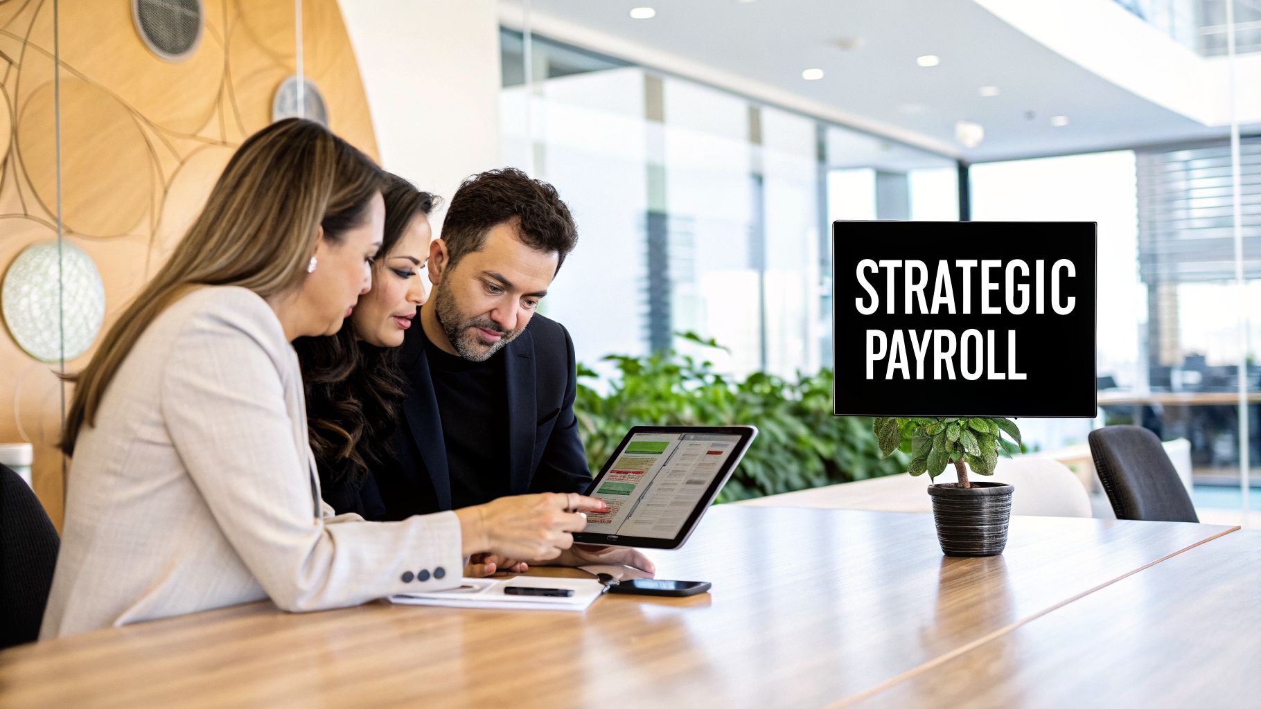 Mastering Human Resource Management Payroll in the UAE and GCC 1 Three business professionals review strategic payroll data on a tablet in a modern office.