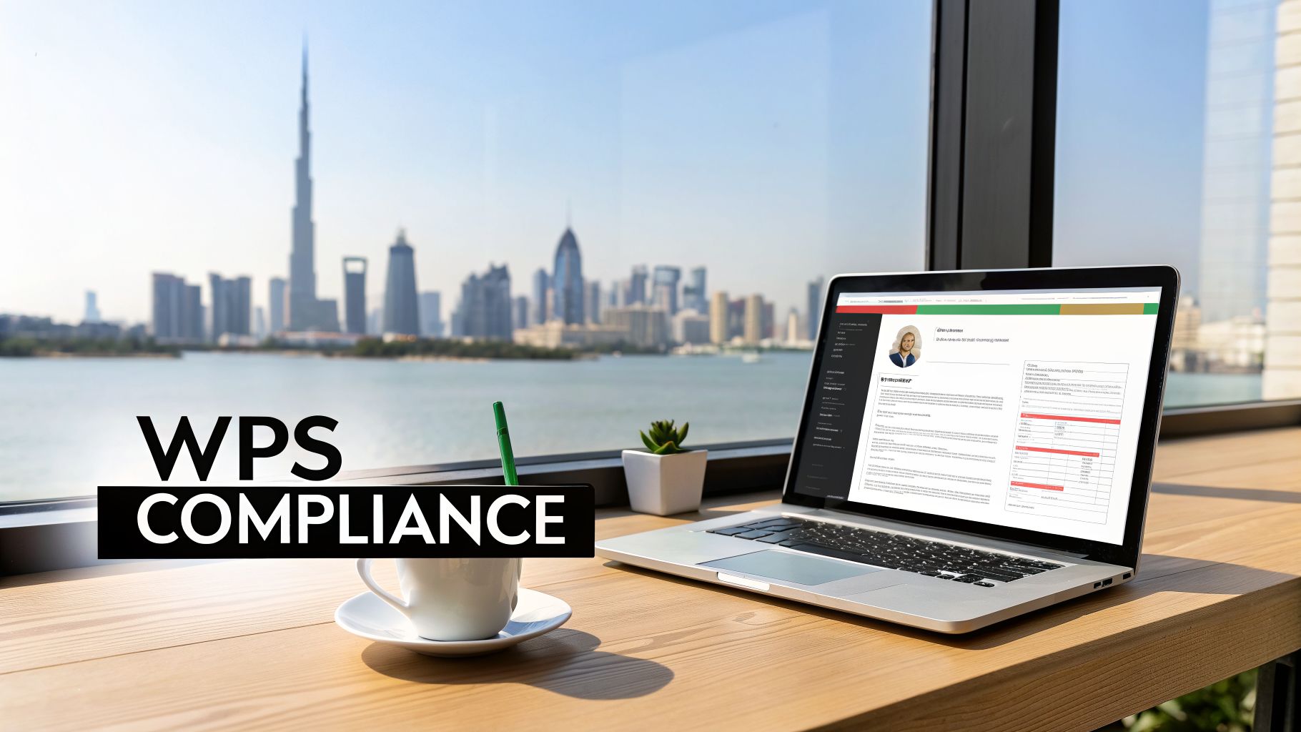 Mastering Human Resource Management Payroll in the UAE and GCC 2 Laptop showing WPS compliance software on a desk overlooking a vibrant city skyline and water.