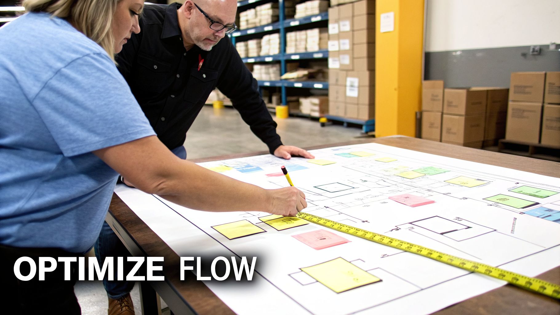 Unlocking Profits with Logistics in Warehouse Operations 4 Two people, a woman and a man, analyze a warehouse layout plan with colorful sticky notes and a tape measure.