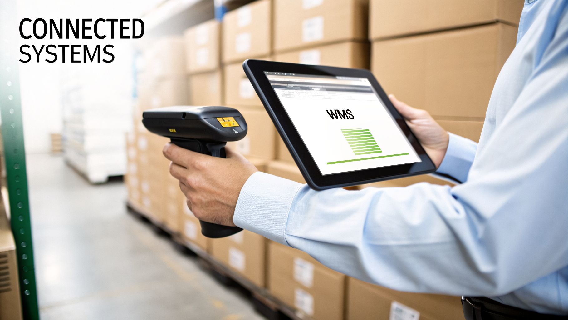 Unlocking Profits with Logistics in Warehouse Operations 3 A person scans items in a warehouse with a barcode reader and a tablet displaying WMS.