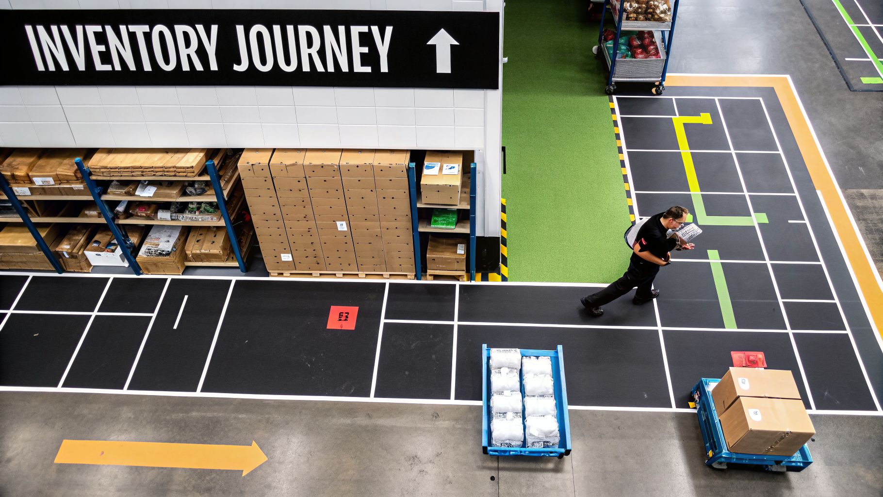 Unlocking Profits with Logistics in Warehouse Operations 2 Logistics professional moving through an organized warehouse with robots, inventory, and clear signage.