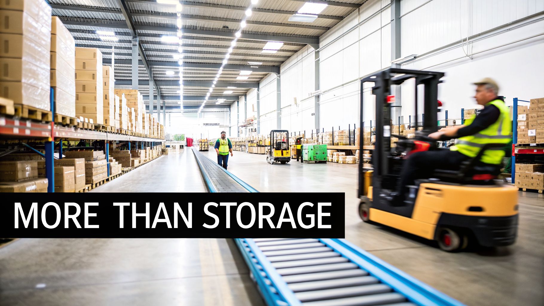 Unlocking Profits with Logistics in Warehouse Operations 1 Busy warehouse with workers, forklifts, and conveyor belts managing boxes on storage racks.