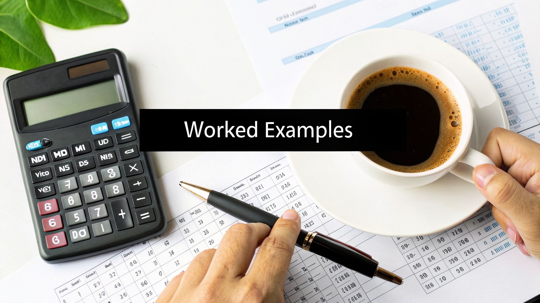 Your Guide to MoHRE Gratuity Calculation in the UAE for 2026 3 A person working on financial documents with a calculator, a pen, and a cup of coffee on a white desk.