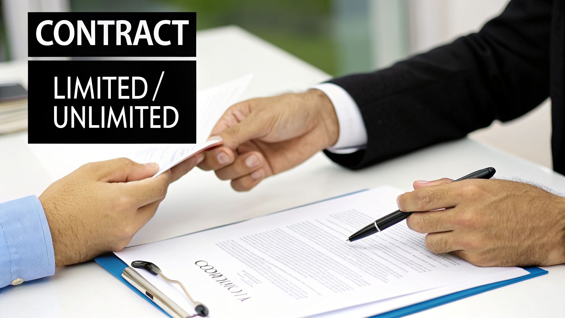 Your Guide to MoHRE Gratuity Calculation in the UAE for 2026 2 Two men exchanging contract documents with 'LIMITED/UNLIMITED' text, discussing terms.