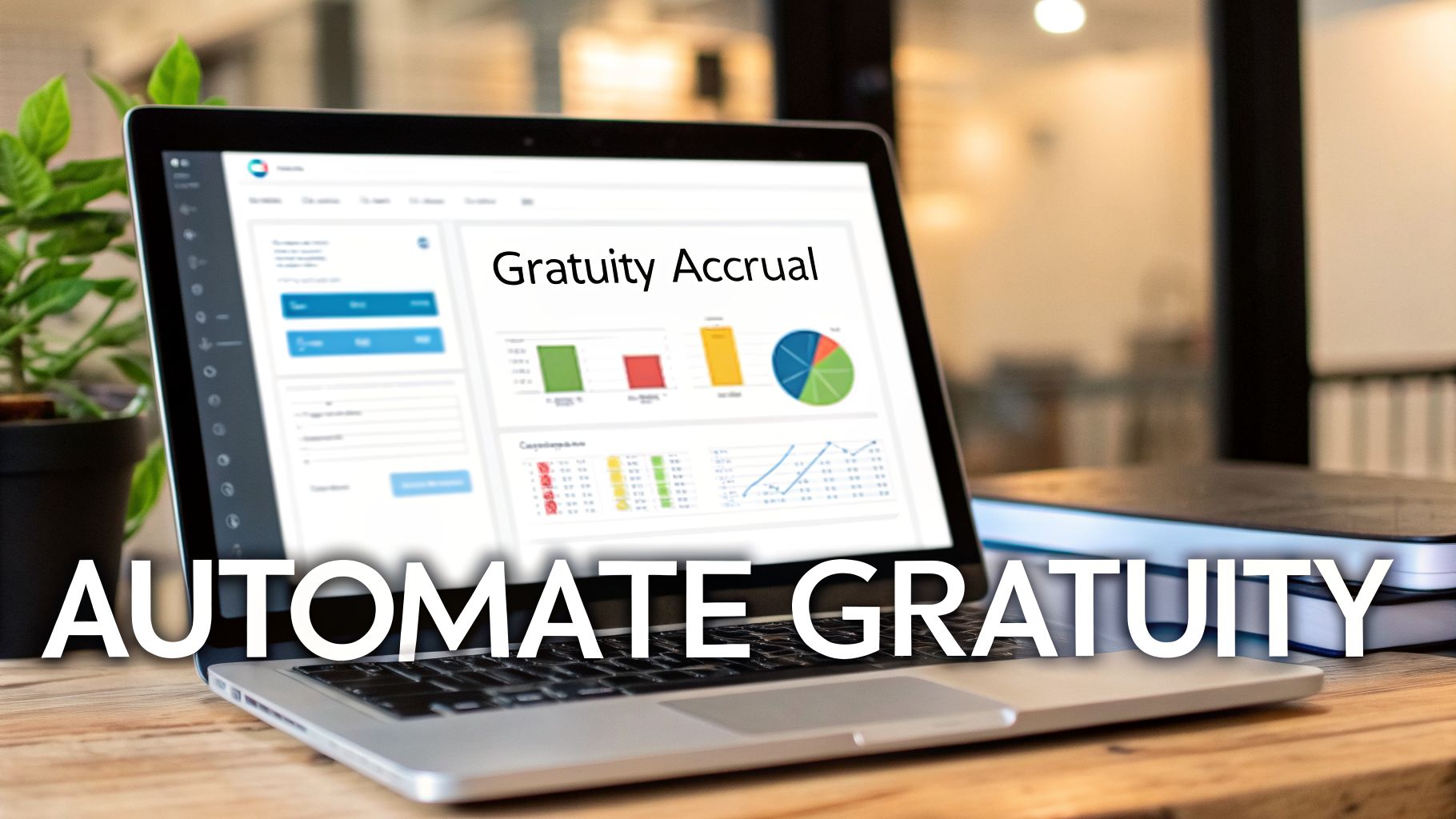 Your Guide to MoHRE Gratuity Calculation in the UAE for 2026 4 Laptop displaying 'Gratuity Accrual' software with charts and graphs, emphasizing automated gratuity management.