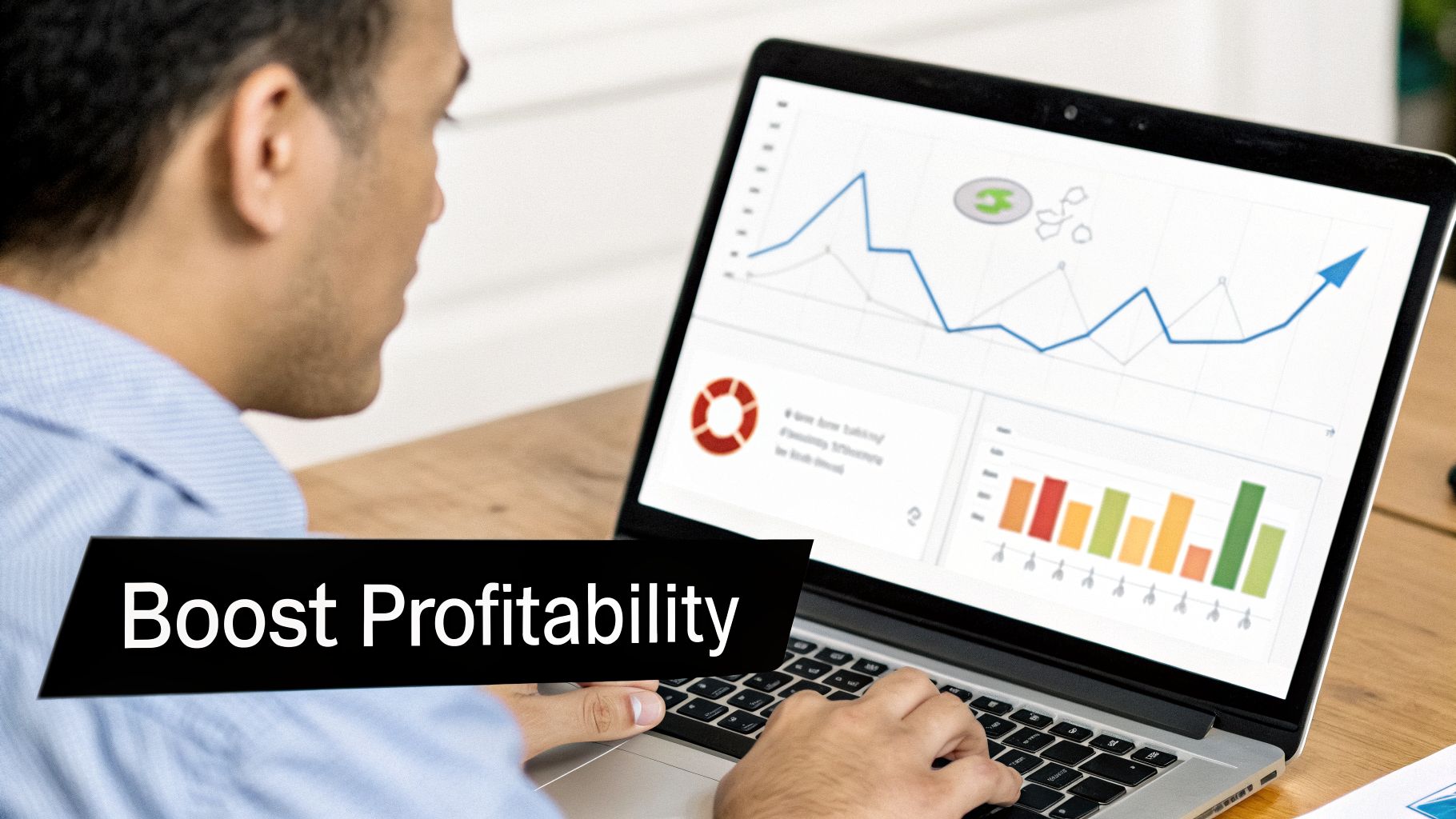 A Guide to Software for Real Estate Management 3 A man analyzing business charts and graphs on a laptop screen with 'Boost Profitability' text.