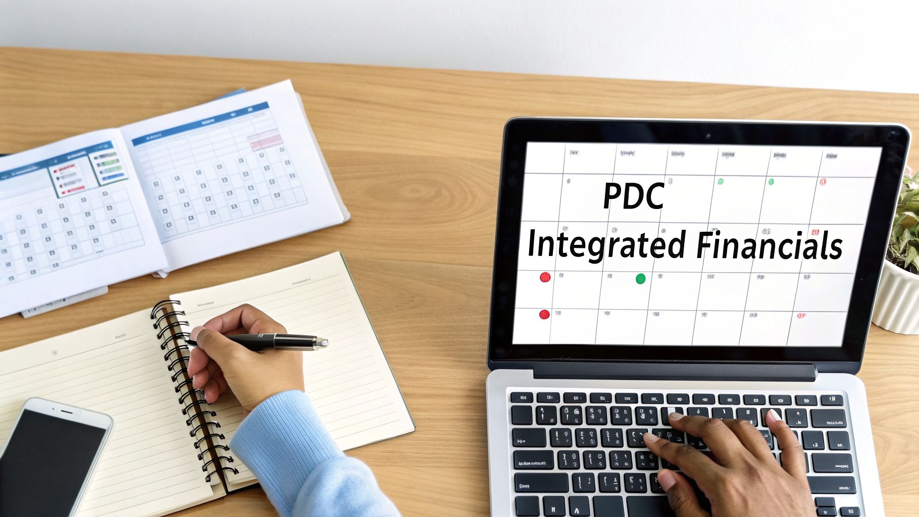 A Guide to Software for Real Estate Management 4 Person working at a desk with a laptop showing 'PDC Integrated Financials' and writing in a notebook.