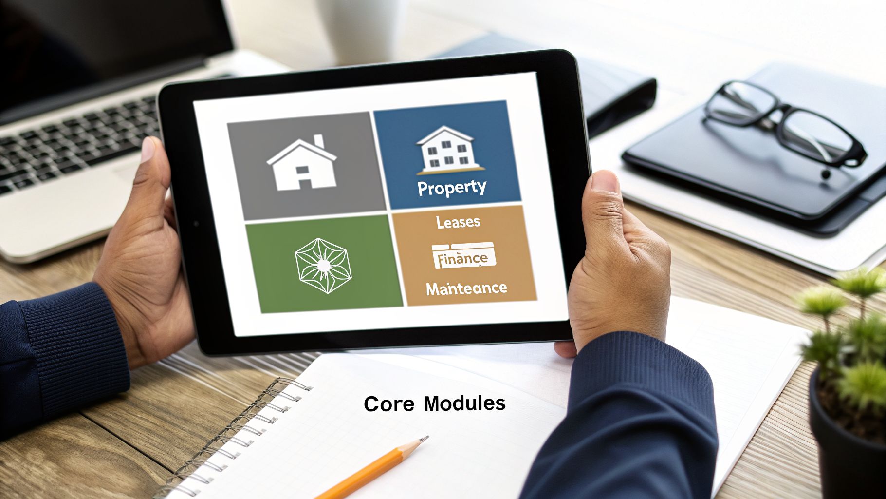 A Guide to Software for Real Estate Management 2 A person holds a tablet displaying real estate management software with property, leases, and finance modules.