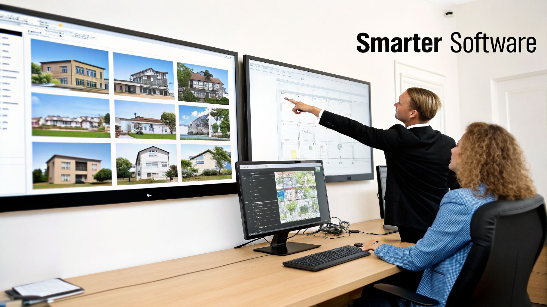 A Guide to Software for Real Estate Management 1 Two professionals discuss property details and plans on multiple large screens.