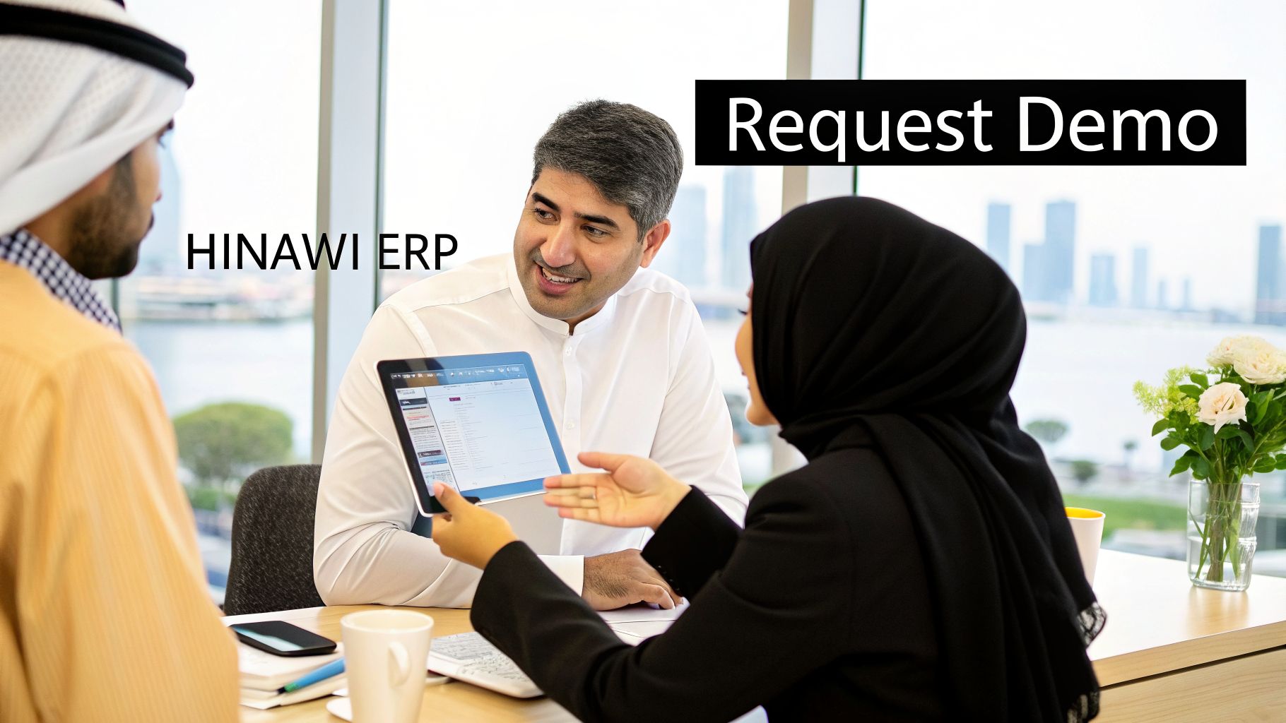 Master Your Finances With A Statement Of Account Template 4 Business professionals discussing HINAWI ERP software on a tablet during a demo in an office.