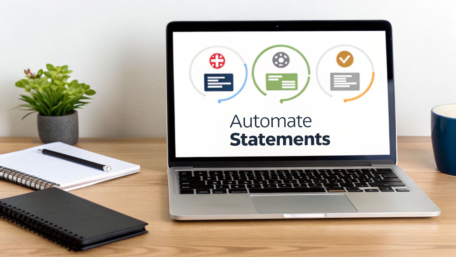 Master Your Finances With A Statement Of Account Template 3 A laptop displays 'Automate Statements' process flow on a wooden desk with notebooks and a plant.