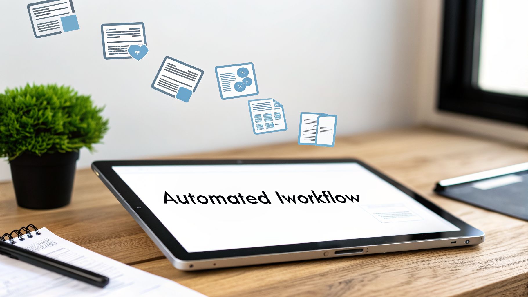 A Guide to Modern Vendor Invoice Management 2 A tablet displays 'Automated Workflow' on a wooden desk with floating digital document icons.