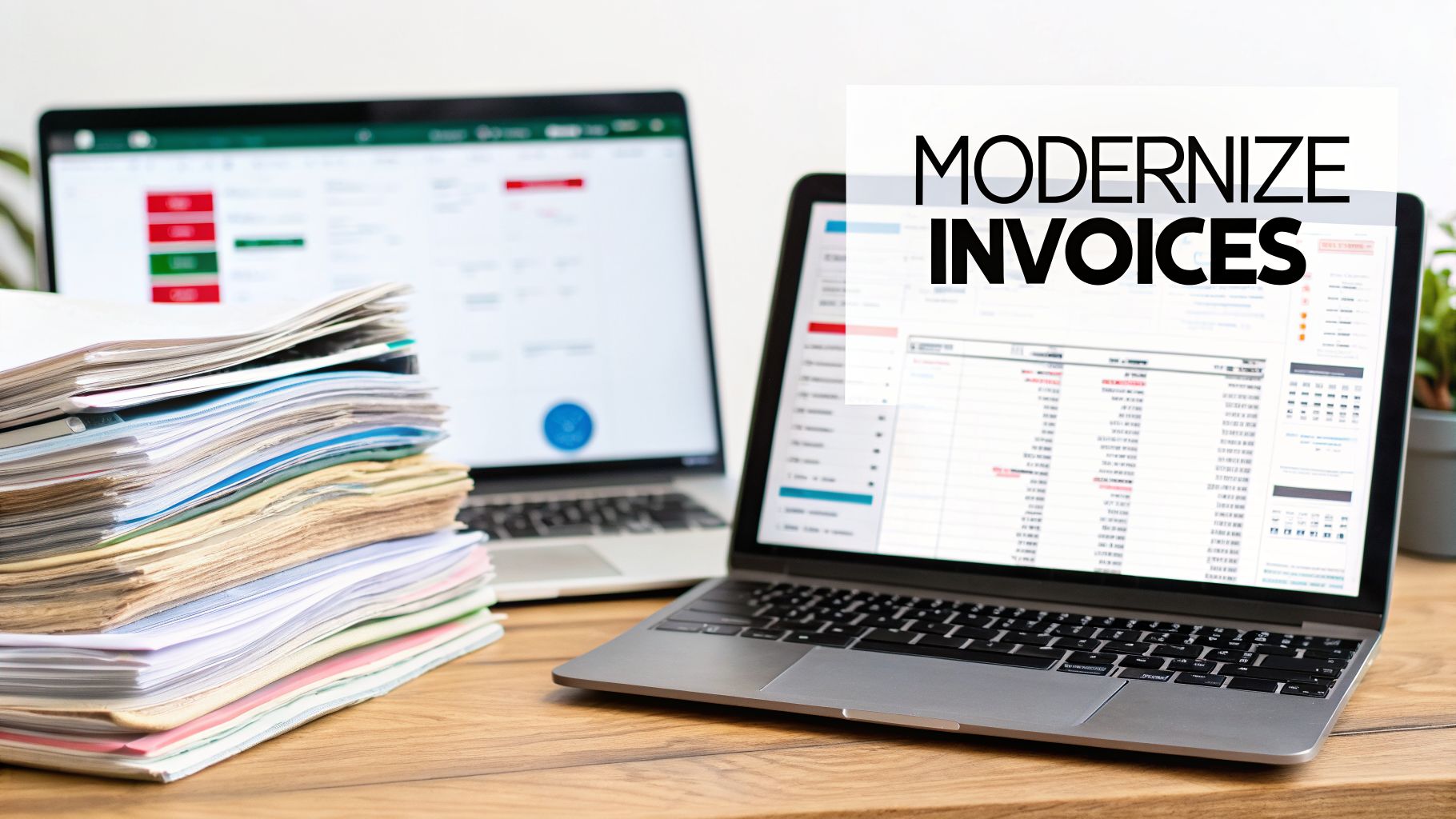 A Guide to Modern Vendor Invoice Management 1 A large stack of physical invoices next to two laptops, one with 'Modernize Invoices' text.