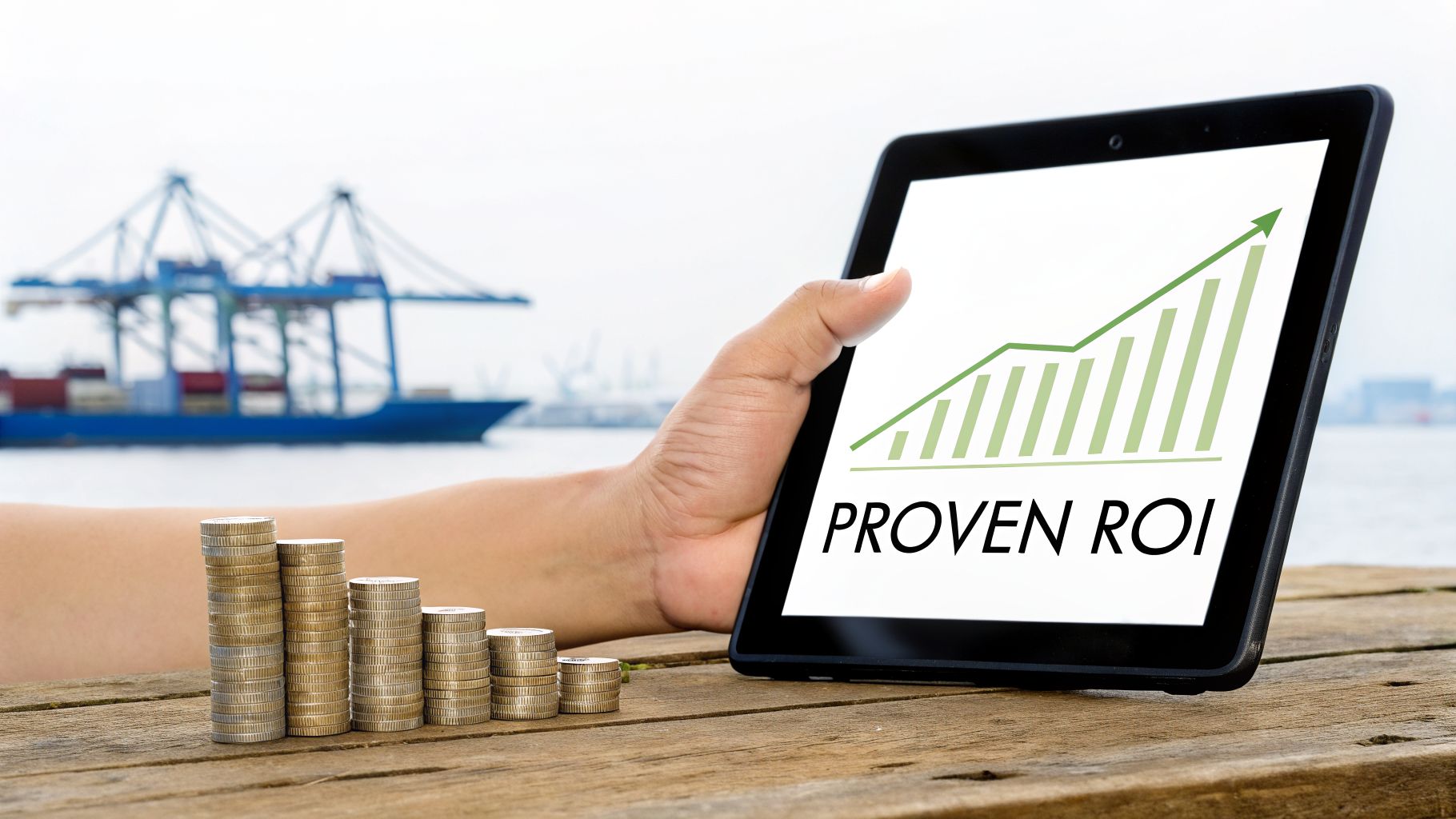 A Guide to Modern Vendor Invoice Management 4 A hand holds a tablet showing 'PROVEN ROI' with a rising graph, next to stacks of coins.