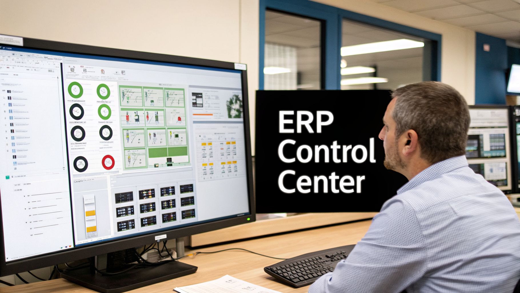 A Guide to Warehousing in UAE for Modern Businesses 4 Man working at multiple computer monitors displaying complex data and an 'ERP Control Center' sign.