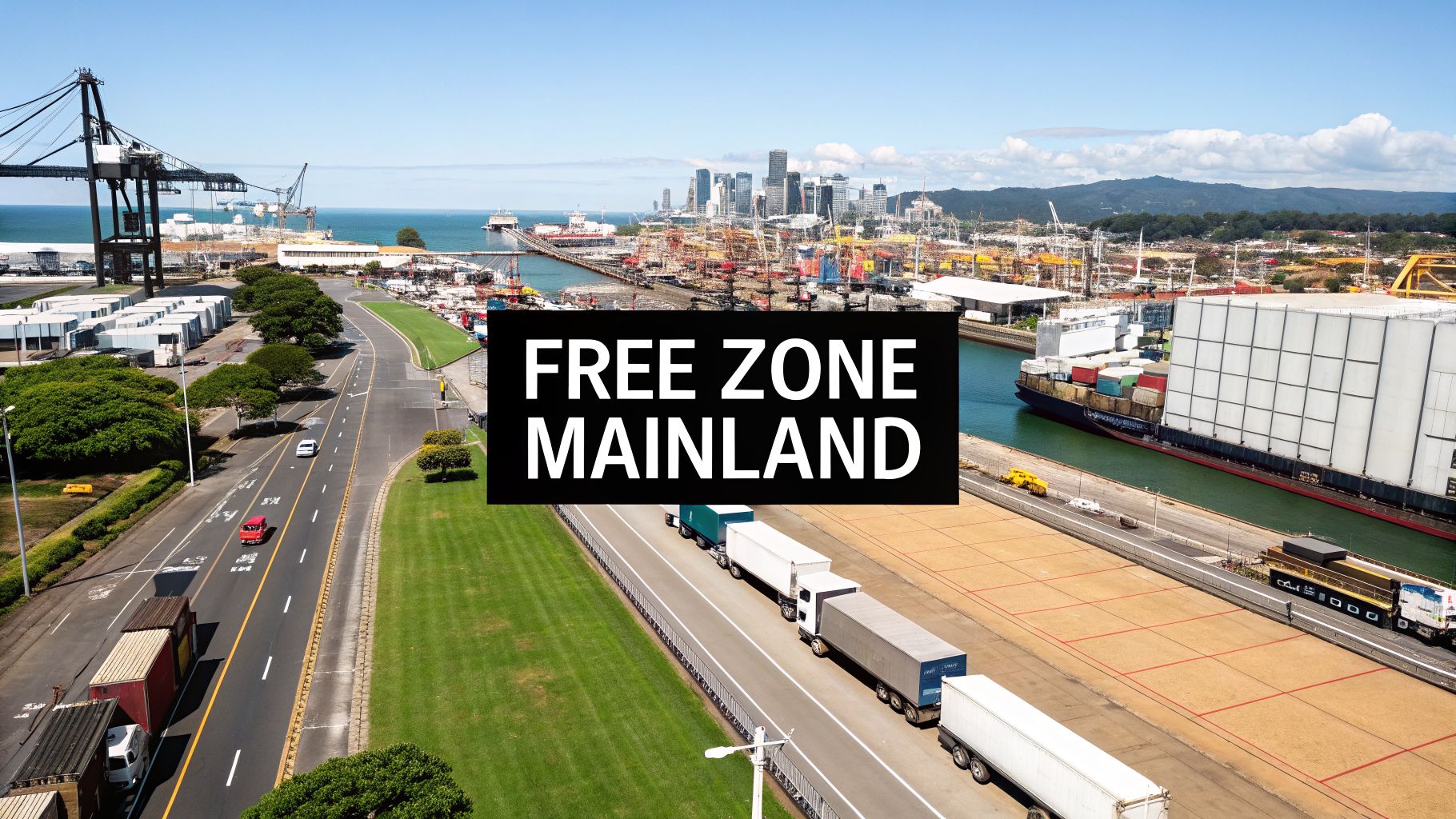 A Guide to Warehousing in UAE for Modern Businesses 2 Aerial view of a busy port with cargo ships, cranes, trucks, and a city skyline, with “FREE ZONE MAINLAND” text.
