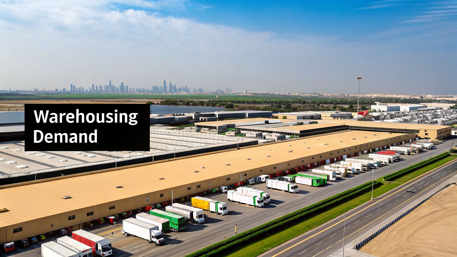 A Guide to Warehousing in UAE for Modern Businesses 1 Aerial view of large warehouses with numerous trucks at loading docks, and a city skyline.